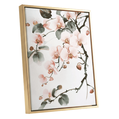 Blush Orchid Cascade, pink, white, green floral wall art shown as a gold framed canvas wall art