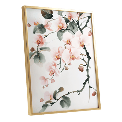 Blush Orchid Cascade, pink, white, green floral wall art shown as a gold framed poster wall art print
