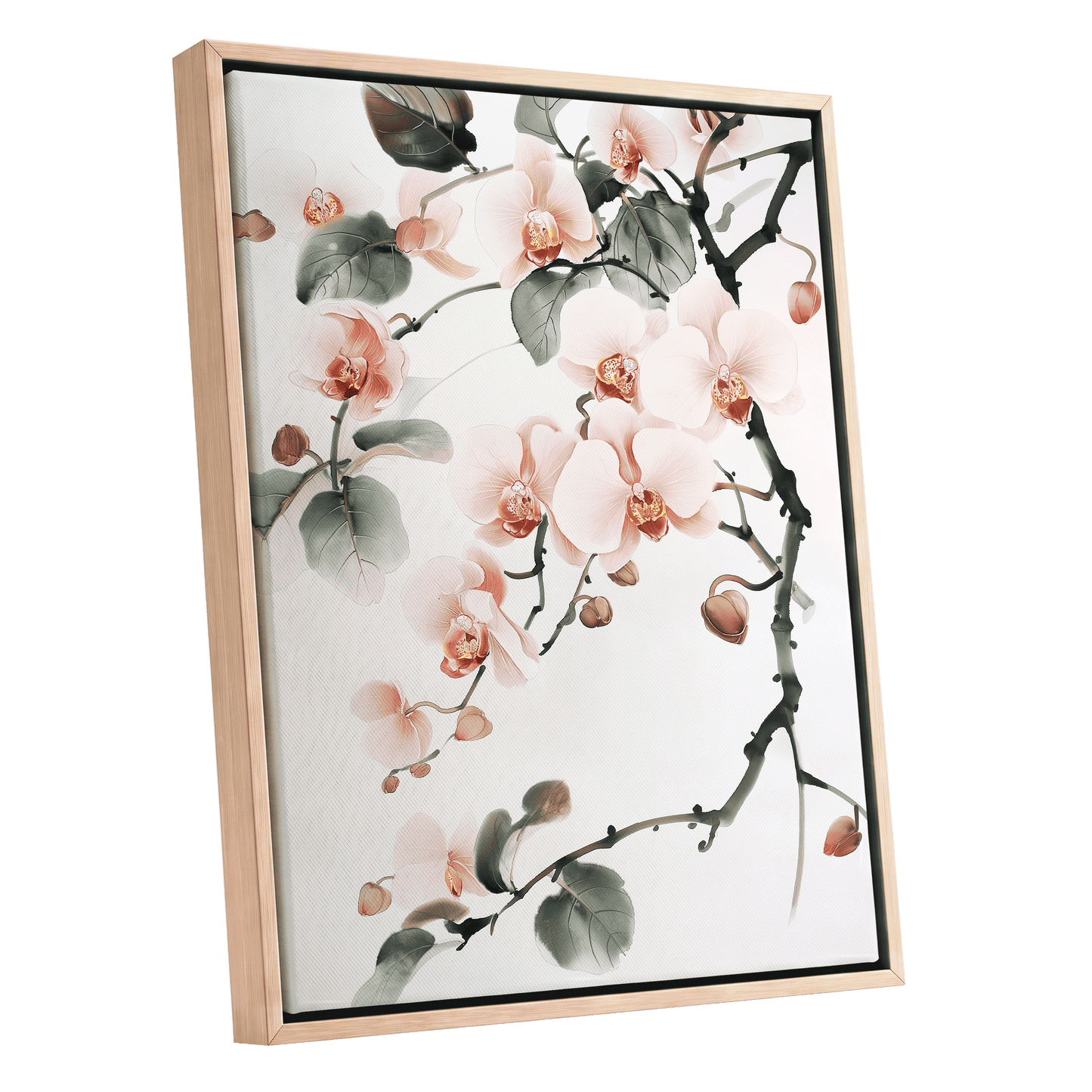 Blush Orchid Cascade, pink, white, green floral wall art shown as a oak framed canvas wall art