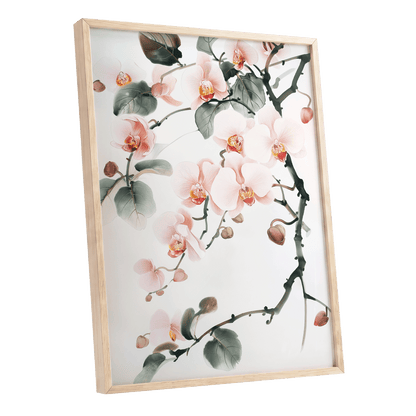 Blush Orchid Cascade, pink, white, green floral wall art shown as a oak framed poster wall art print