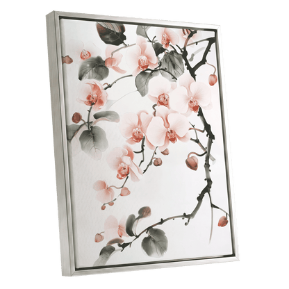 Blush Orchid Cascade, pink, white, green floral wall art shown as a silver framed canvas wall art