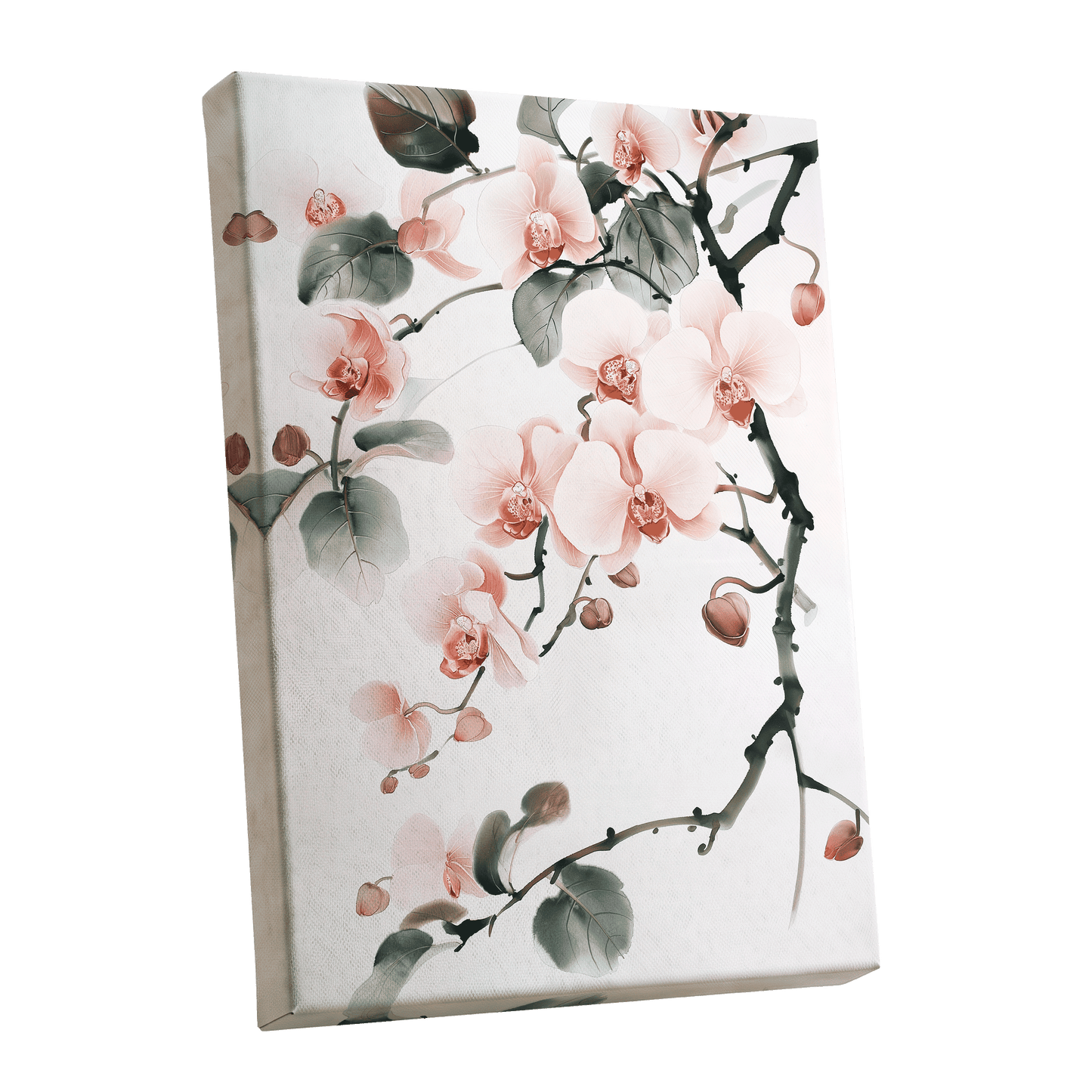 Blush Orchid Cascade, pink, white, green floral wall art shown as a stretched canvas wall art