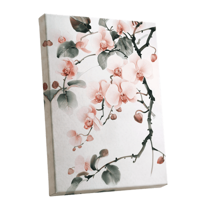 Blush Orchid Cascade, pink, white, green floral wall art shown as a stretched canvas wall art