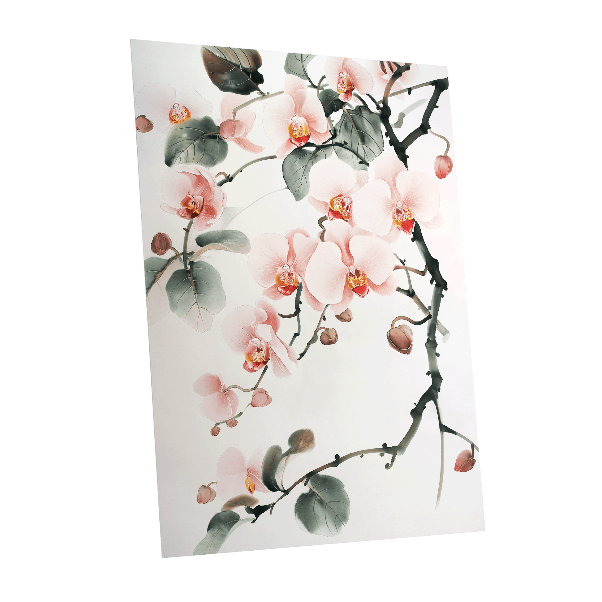 Blush Orchid Cascade, pink, white, green floral wall art shown as a unframed poster wall art print