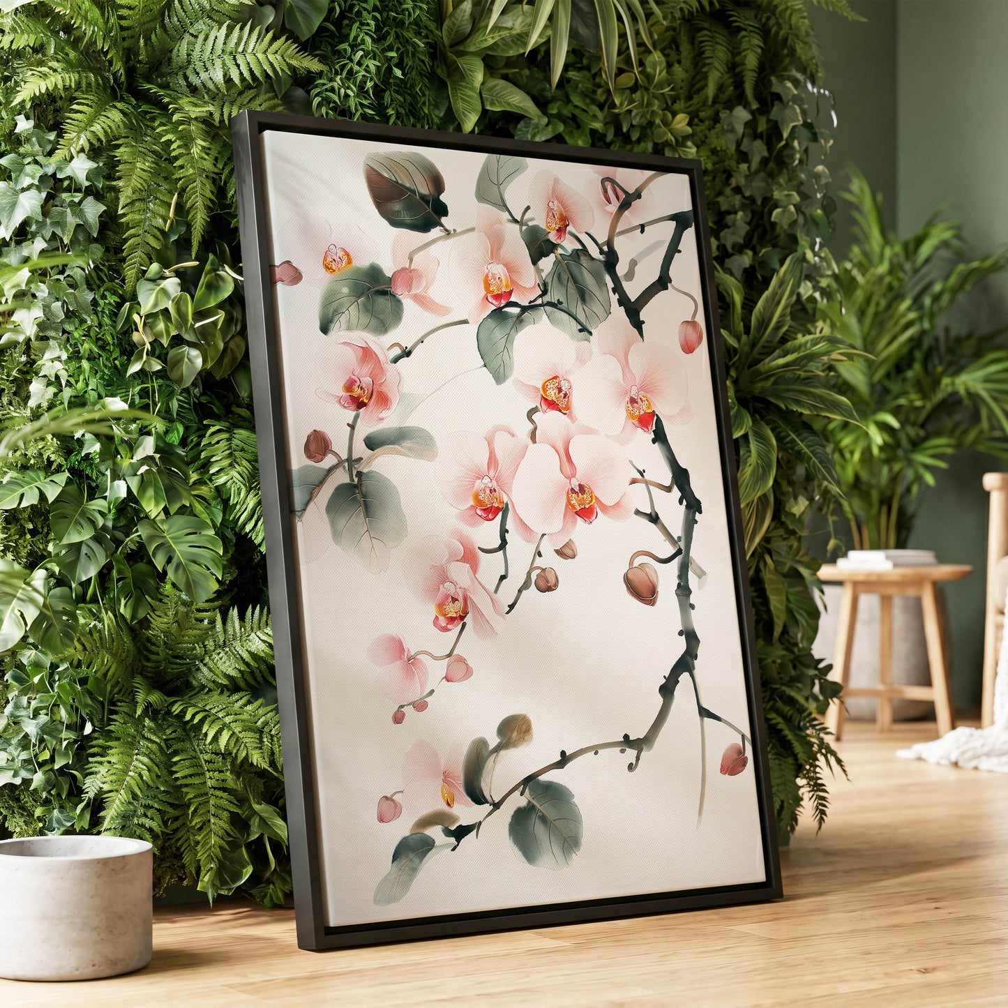 Blush Orchid Cascade, pink, white, green floral wall art displayed in a styled interior, gallery view 1