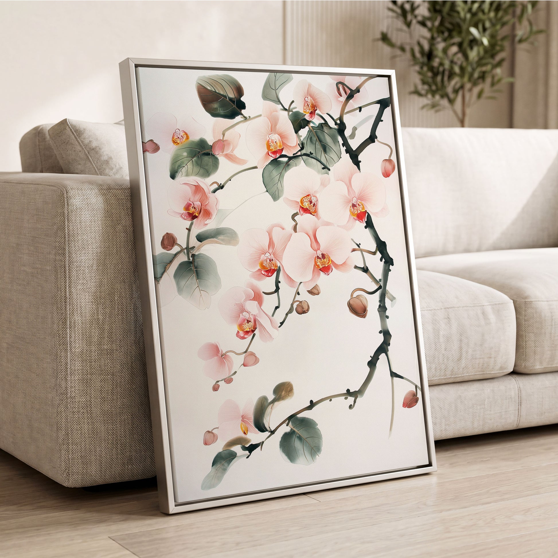 Blush Orchid Cascade, pink, white, green floral wall art displayed in a styled interior, gallery view 2