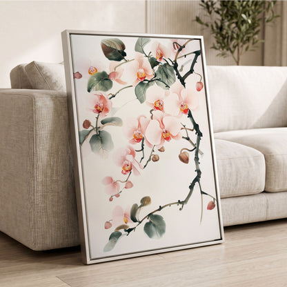 Blush Orchid Cascade, pink, white, green floral wall art displayed in a styled interior, gallery view 2