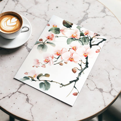 Blush Orchid Cascade, pink, white, green floral wall art displayed in a styled interior, gallery view 3