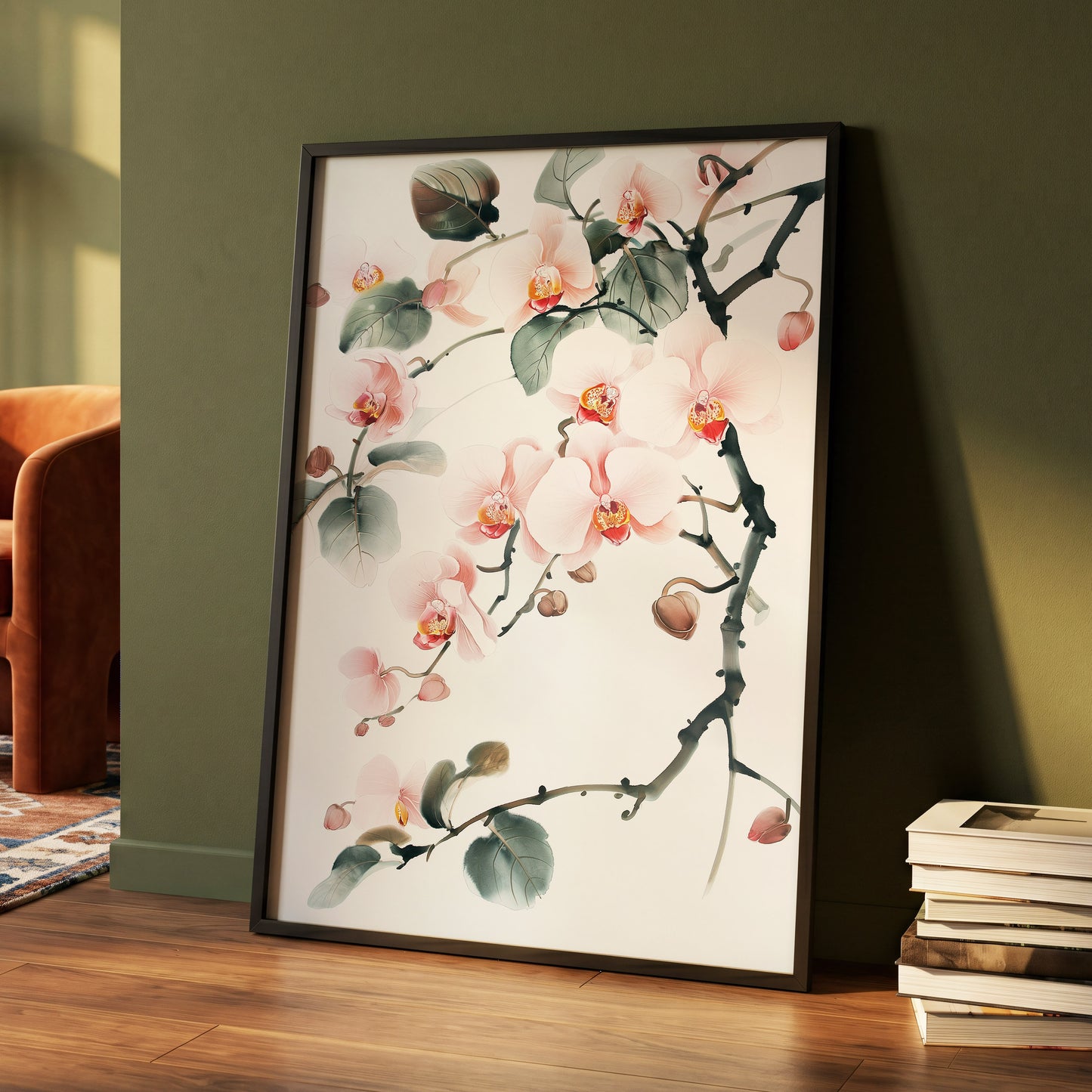 Blush Orchid Cascade, pink, white, green floral wall art displayed in a styled interior, gallery view 4