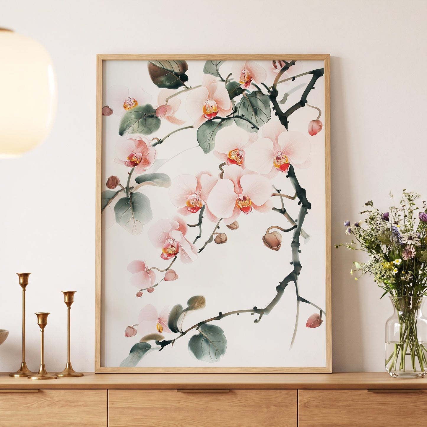 Blush Orchid Cascade, pink, white, green floral wall art displayed in a styled interior, gallery view 5