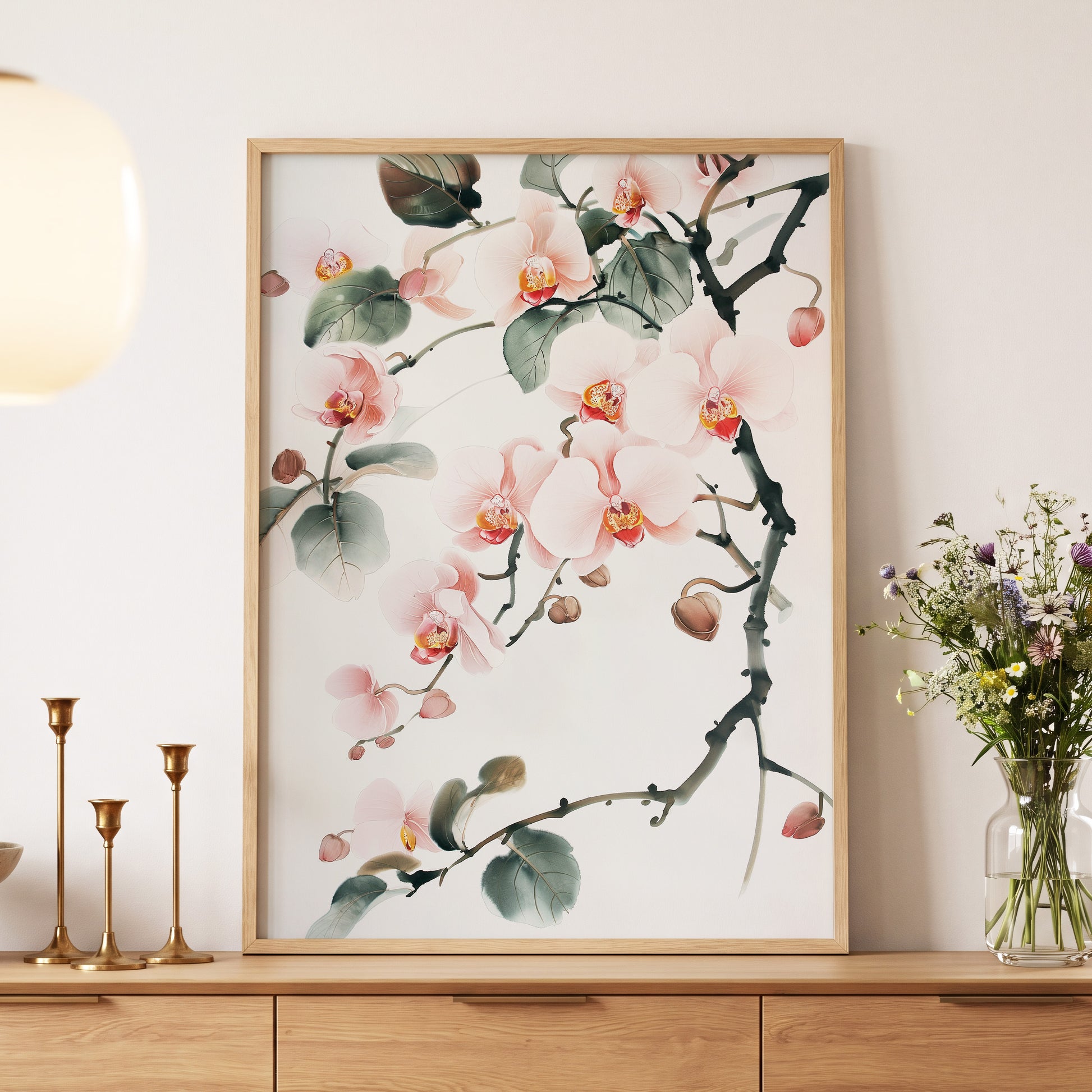 Blush Orchid Cascade, pink, white, green floral wall art displayed in a styled interior, gallery view 5