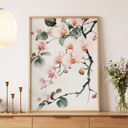 Blush Orchid Cascade, pink, white, green floral wall art displayed in a styled interior, gallery view 5