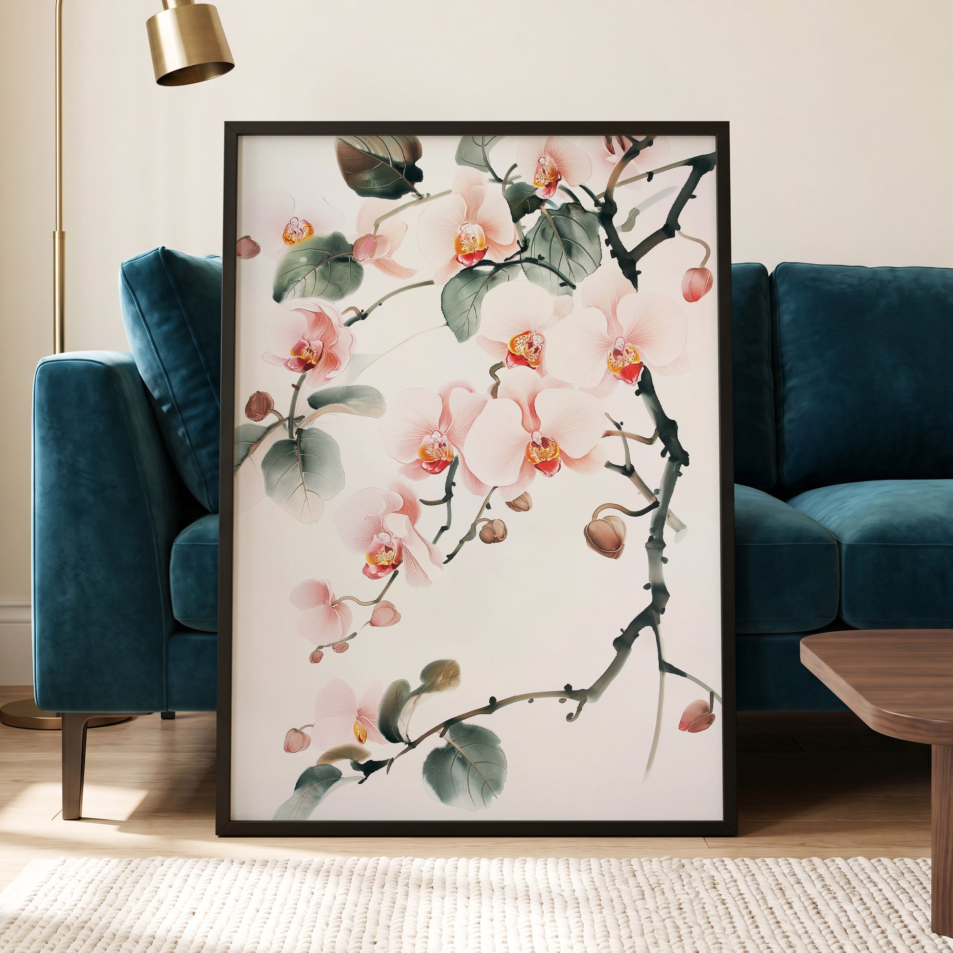 Blush Orchid Cascade, pink, white, green floral wall art displayed in a styled interior, gallery view 6
