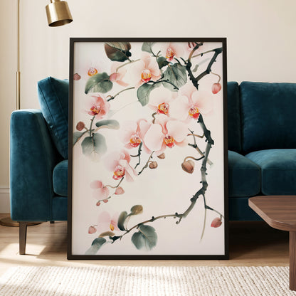 Blush Orchid Cascade, pink, white, green floral wall art displayed in a styled interior, gallery view 6