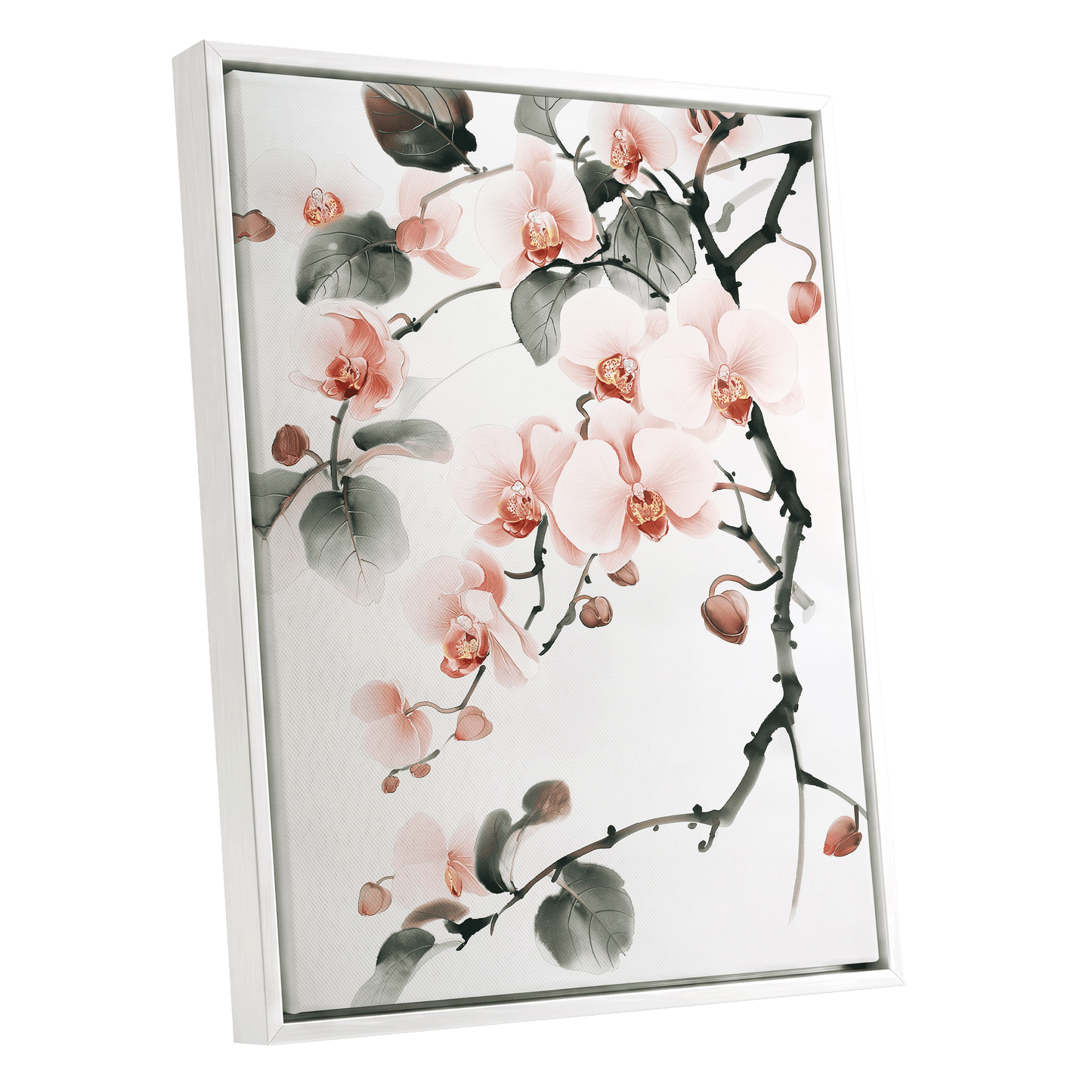 Blush Orchid Cascade, pink, white, green floral wall art shown as a white framed canvas wall art