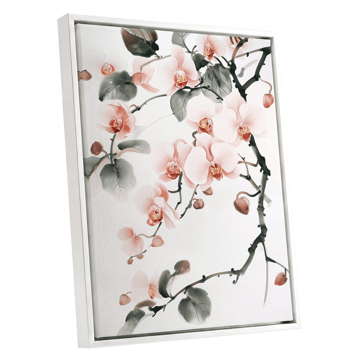 Blush Orchid Cascade, pink, white, green floral wall art shown as a white framed canvas wall art