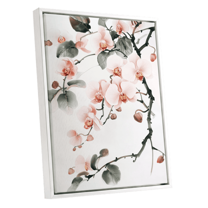 Blush Orchid Cascade, pink, white, green floral wall art shown as a white framed canvas wall art