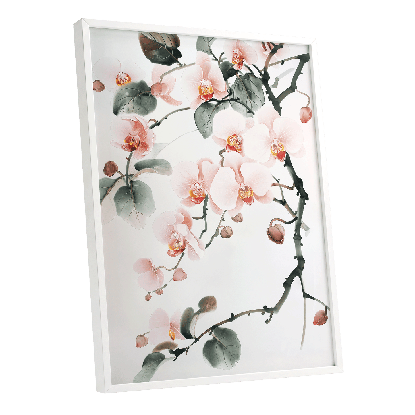 Blush Orchid Cascade, pink, white, green floral wall art shown as a white framed poster wall art print