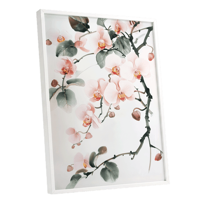 Blush Orchid Cascade, pink, white, green floral wall art shown as a white framed poster wall art print