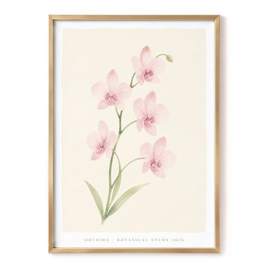 Blush Orchid Study, pink, green, beige floral wall art, front artwork view