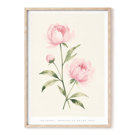 Blush Peony Study, pink, green, beige floral wall art, front artwork view