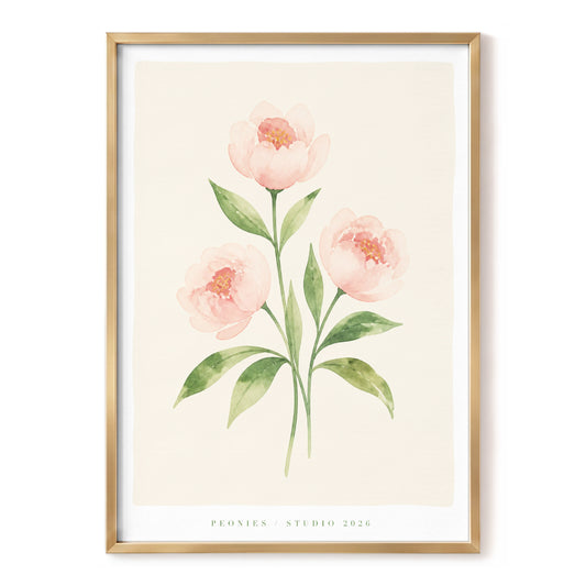 Blush Peony Study, pink, green, beige floral wall art, front artwork view