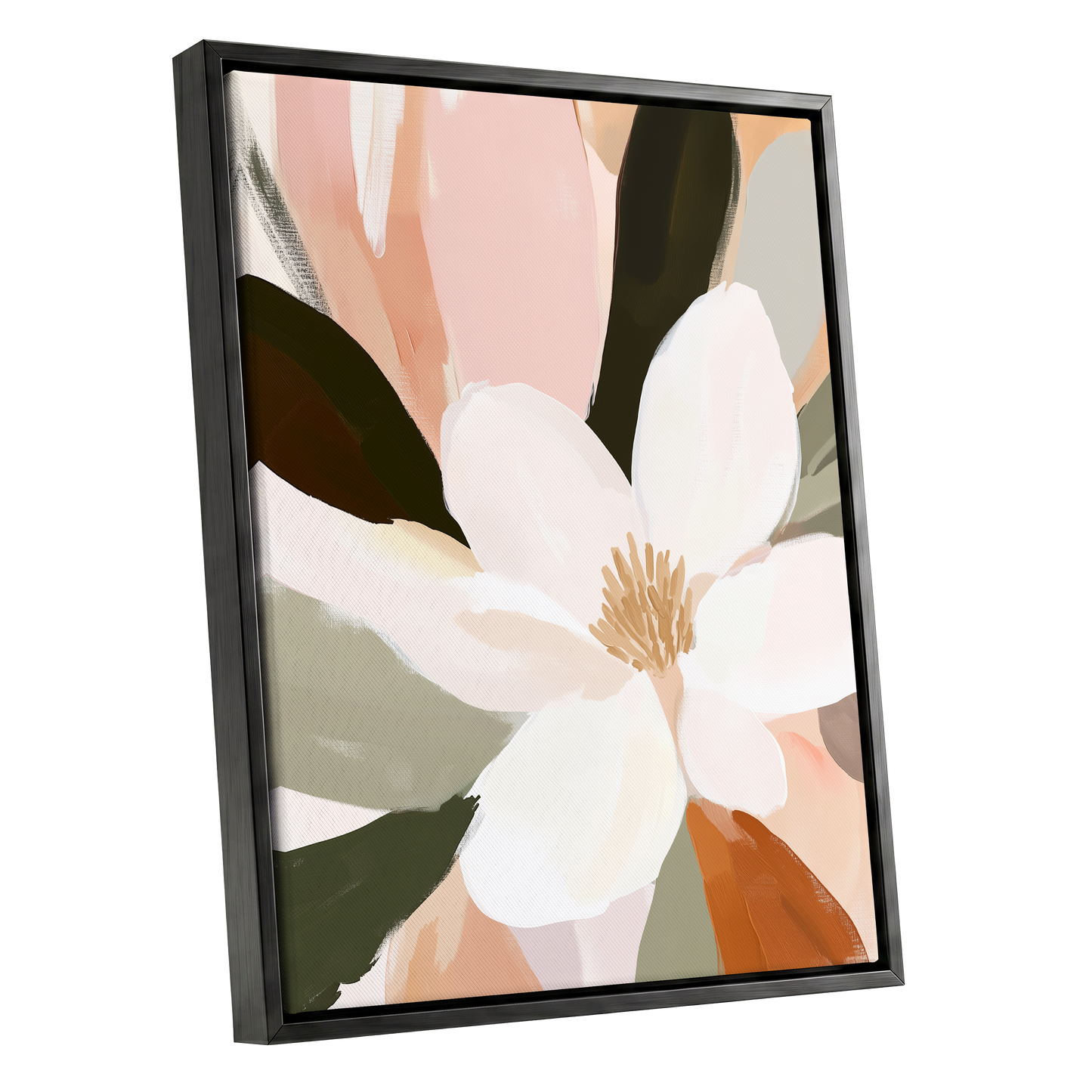 Blush Petal Reverie, white, pink, green floral wall art shown as a black framed canvas wall art