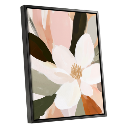 Blush Petal Reverie, white, pink, green floral wall art shown as a black framed canvas wall art