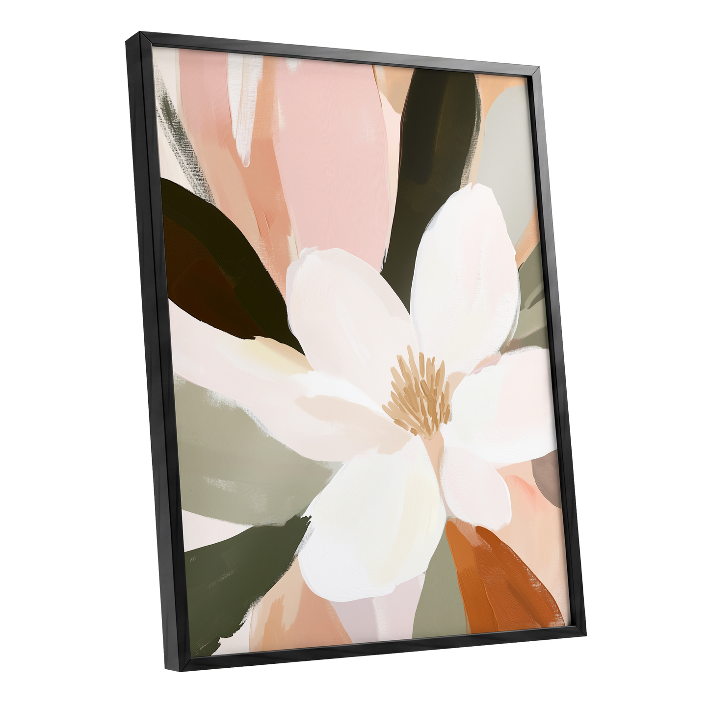 Blush Petal Reverie, white, pink, green floral wall art shown as a black framed poster wall art print