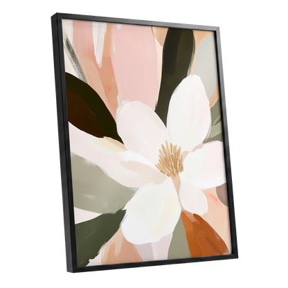 Blush Petal Reverie, white, pink, green floral wall art shown as a black framed poster wall art print