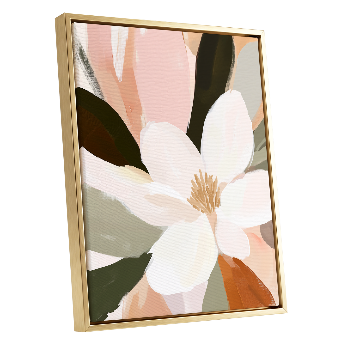 Blush Petal Reverie, white, pink, green floral wall art shown as a gold framed canvas wall art