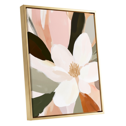 Blush Petal Reverie, white, pink, green floral wall art shown as a gold framed canvas wall art
