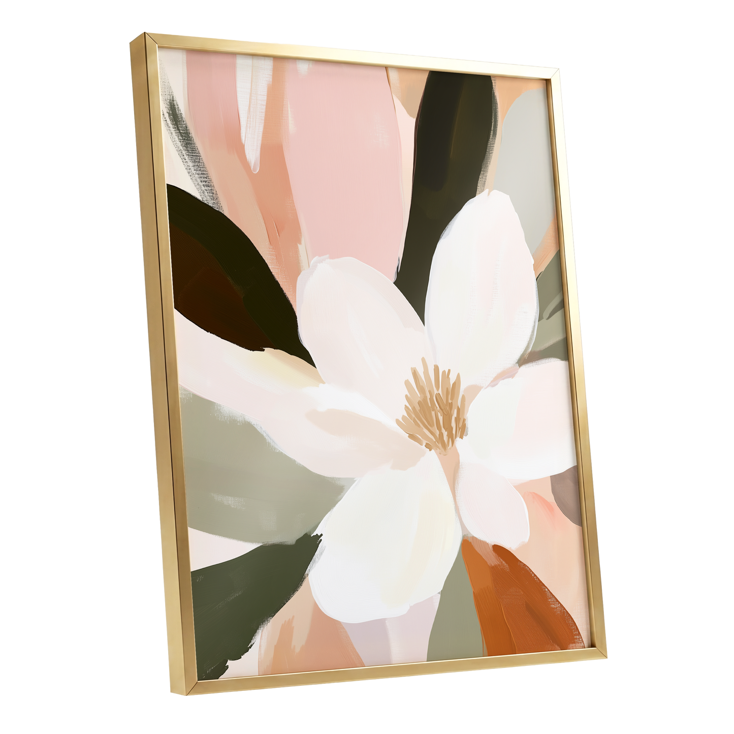 Blush Petal Reverie, white, pink, green floral wall art shown as a gold framed poster wall art print