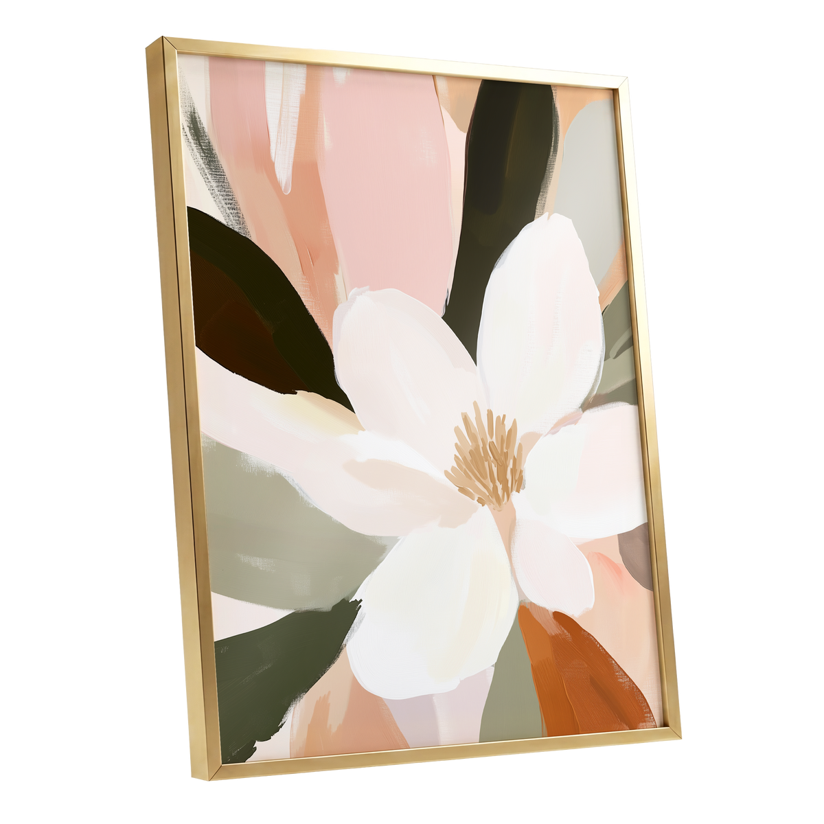 Blush Petal Reverie, white, pink, green floral wall art shown as a gold framed poster wall art print