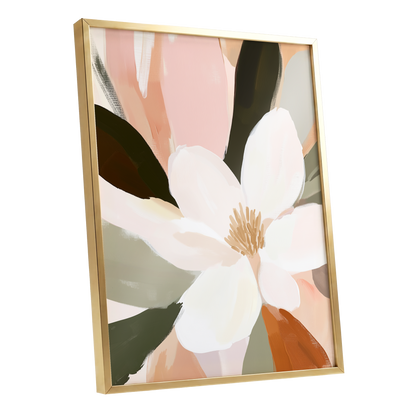 Blush Petal Reverie, white, pink, green floral wall art shown as a gold framed poster wall art print