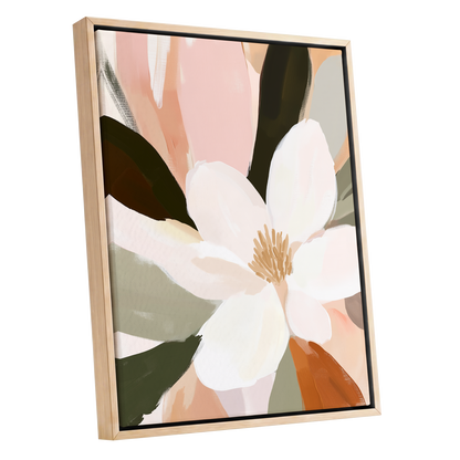 Blush Petal Reverie, white, pink, green floral wall art shown as a oak framed canvas wall art