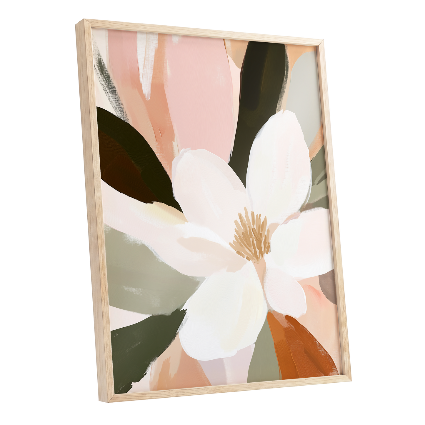Blush Petal Reverie, white, pink, green floral wall art shown as a oak framed poster wall art print