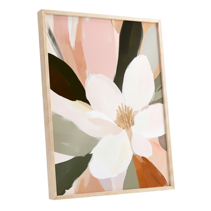 Blush Petal Reverie, white, pink, green floral wall art shown as a oak framed poster wall art print