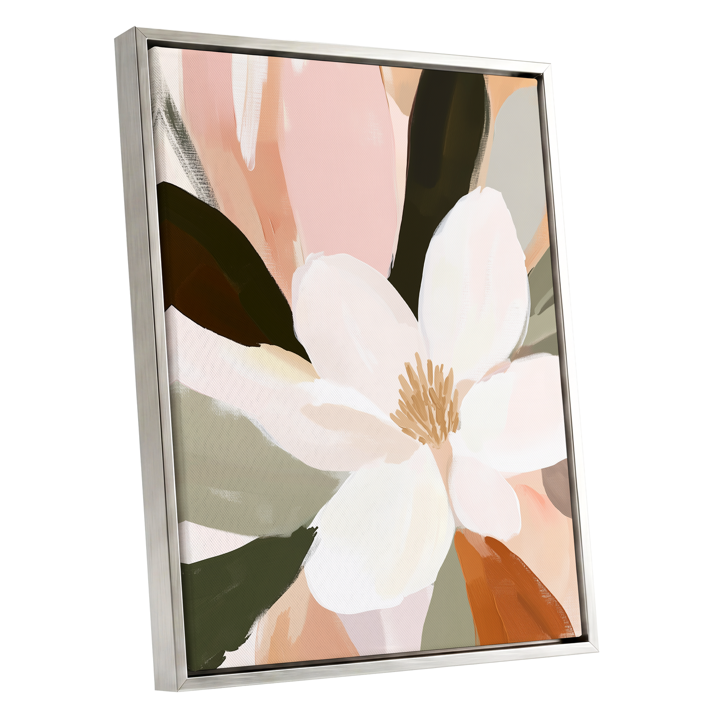 Blush Petal Reverie, white, pink, green floral wall art shown as a silver framed canvas wall art
