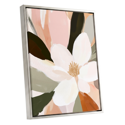 Blush Petal Reverie, white, pink, green floral wall art shown as a silver framed canvas wall art