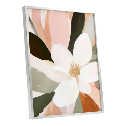 Blush Petal Reverie, white, pink, green floral wall art shown as a silver framed poster wall art print
