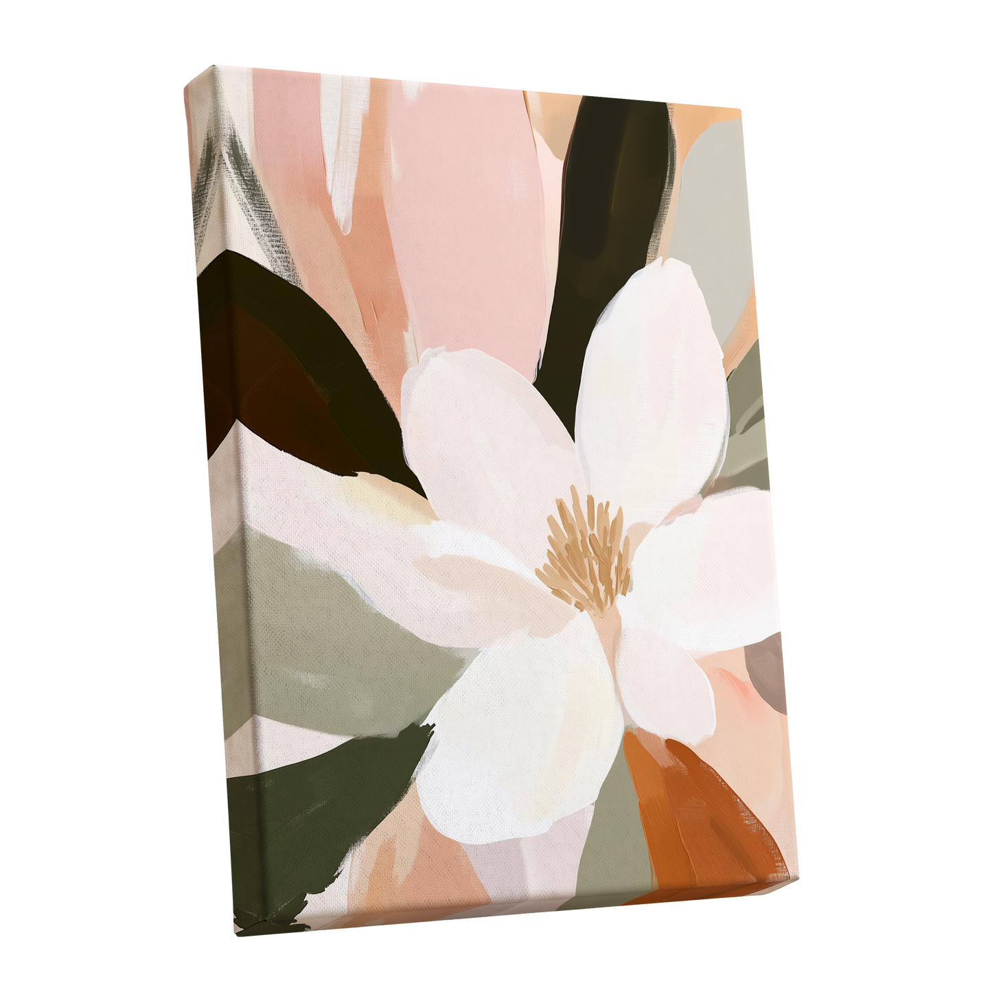 Blush Petal Reverie, white, pink, green floral wall art shown as a stretched canvas wall art