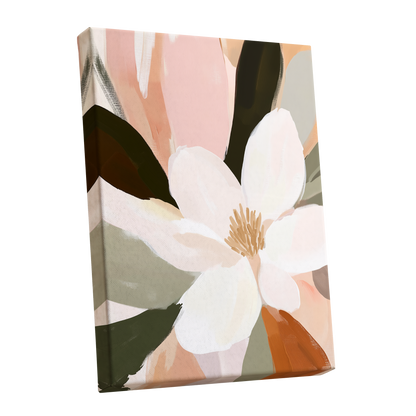 Blush Petal Reverie, white, pink, green floral wall art shown as a stretched canvas wall art