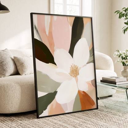 Blush Petal Reverie, white, pink, green floral wall art displayed in a styled interior, gallery view 2