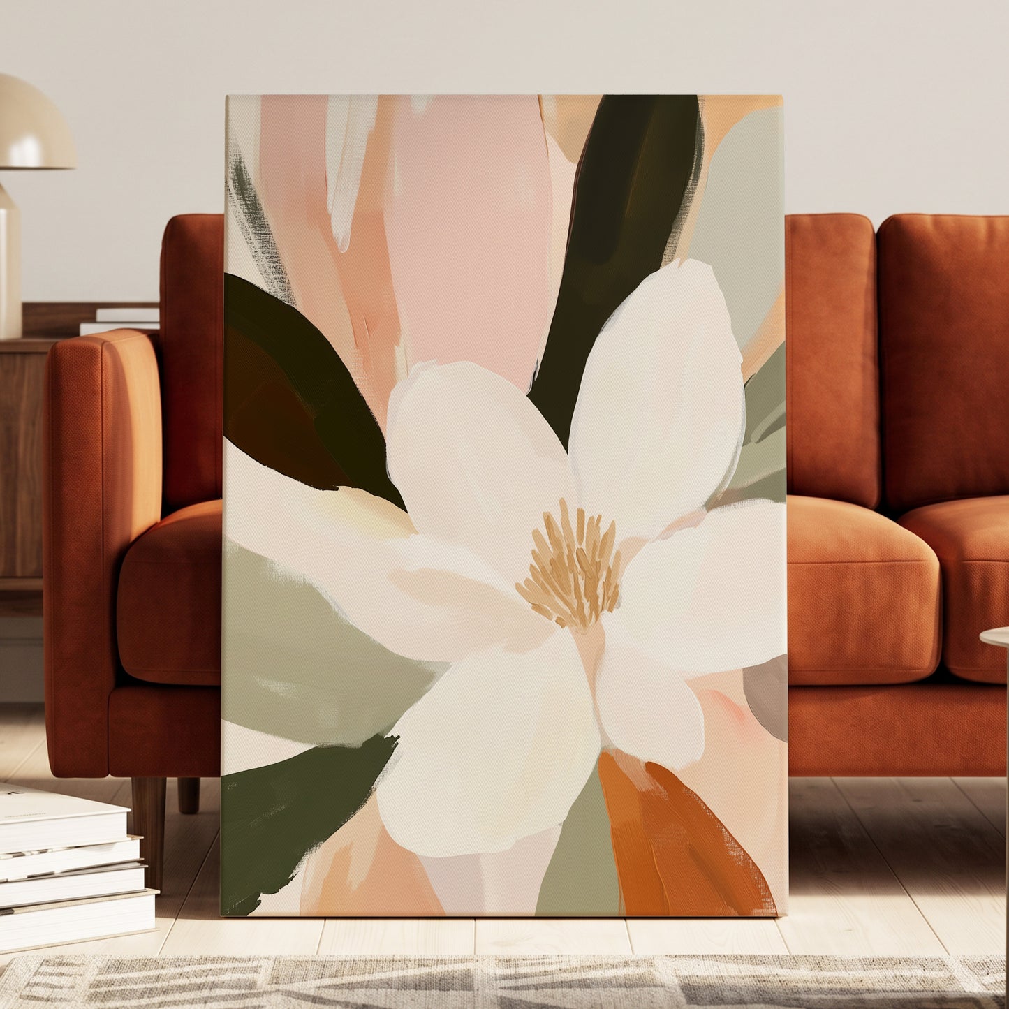 Blush Petal Reverie, white, pink, green floral wall art displayed in a styled interior, gallery view 3