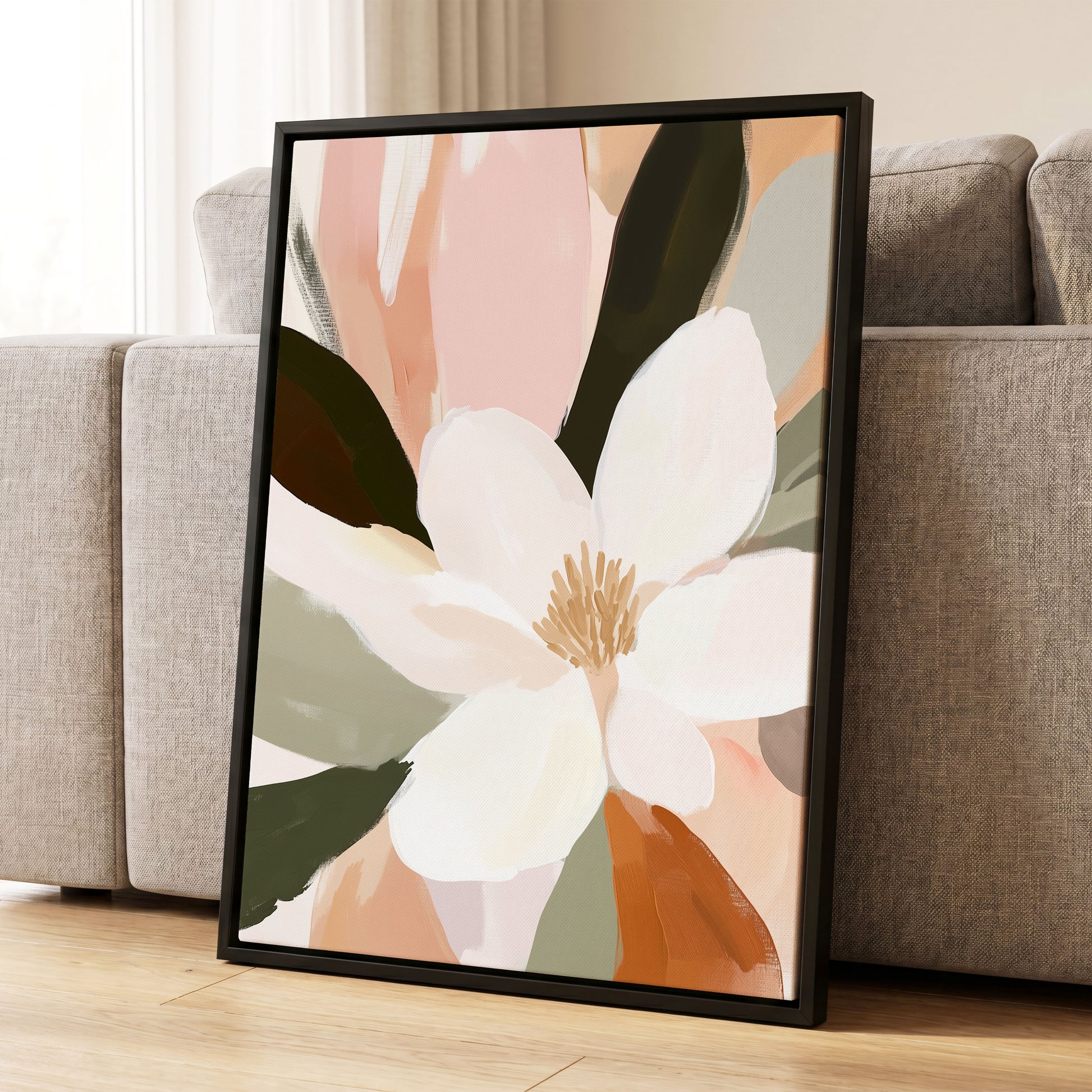 Blush Petal Reverie, white, pink, green floral wall art displayed in a styled interior, gallery view 4