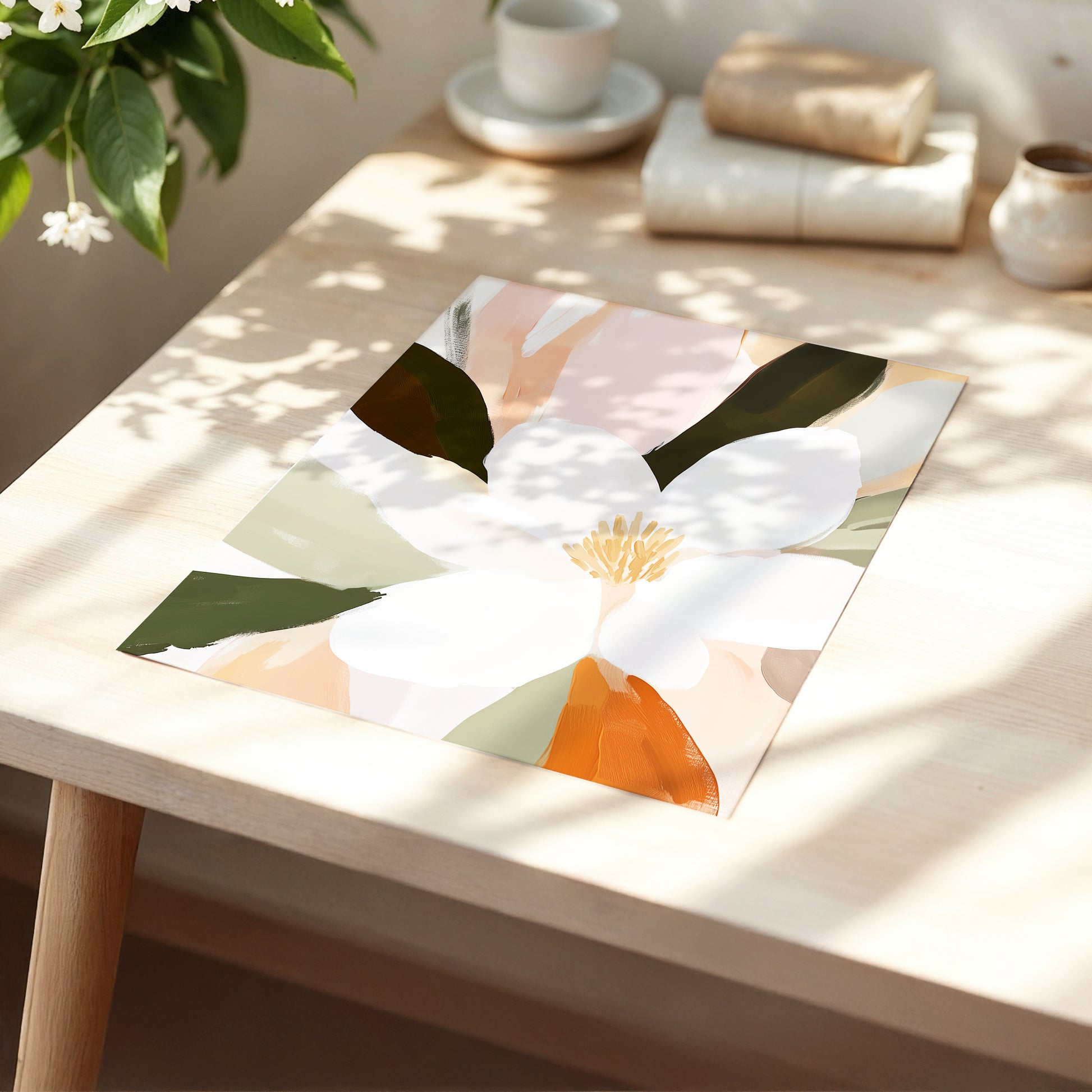 Blush Petal Reverie, white, pink, green floral wall art displayed in a styled interior, gallery view 5