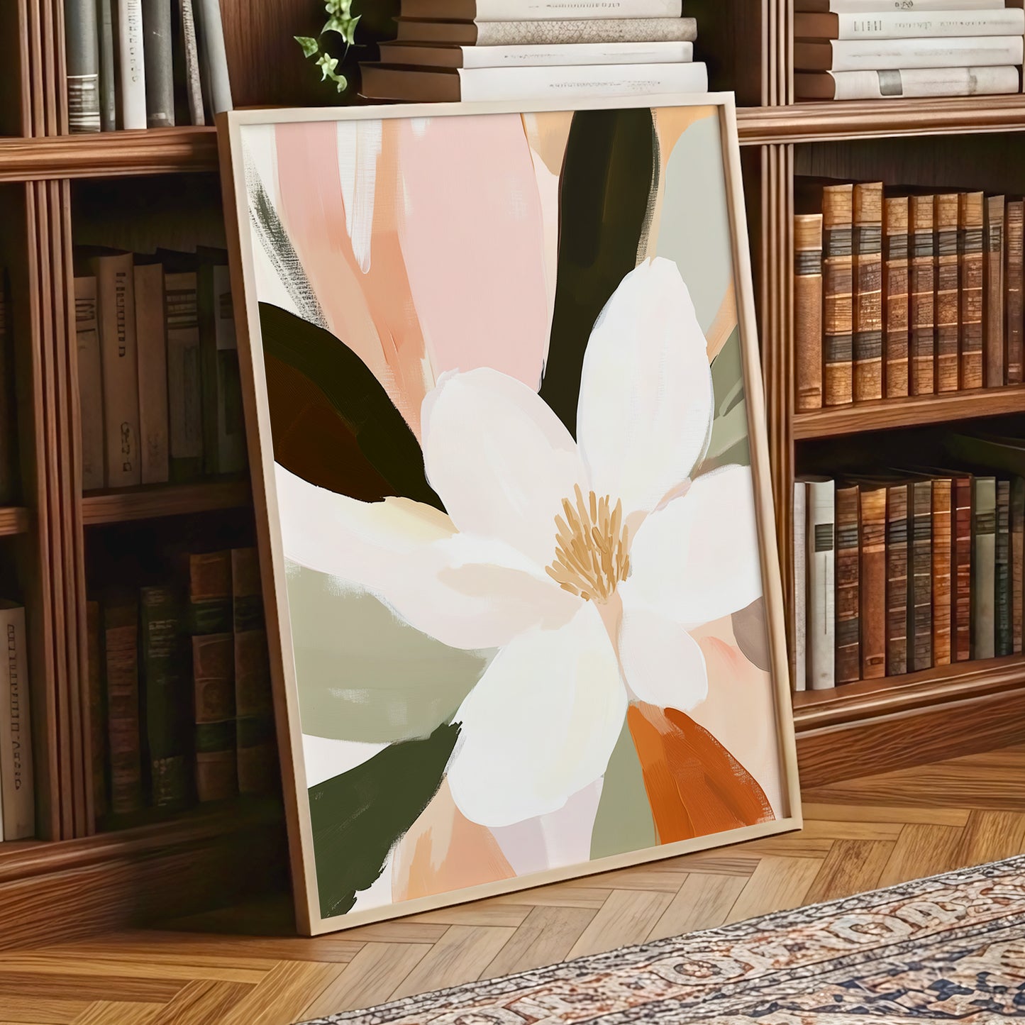 Blush Petal Reverie, white, pink, green floral wall art displayed in a styled interior, gallery view 6