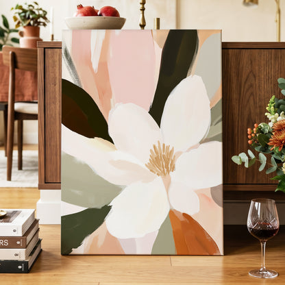 Blush Petal Reverie, white, pink, green floral wall art displayed in a styled interior, gallery view 7