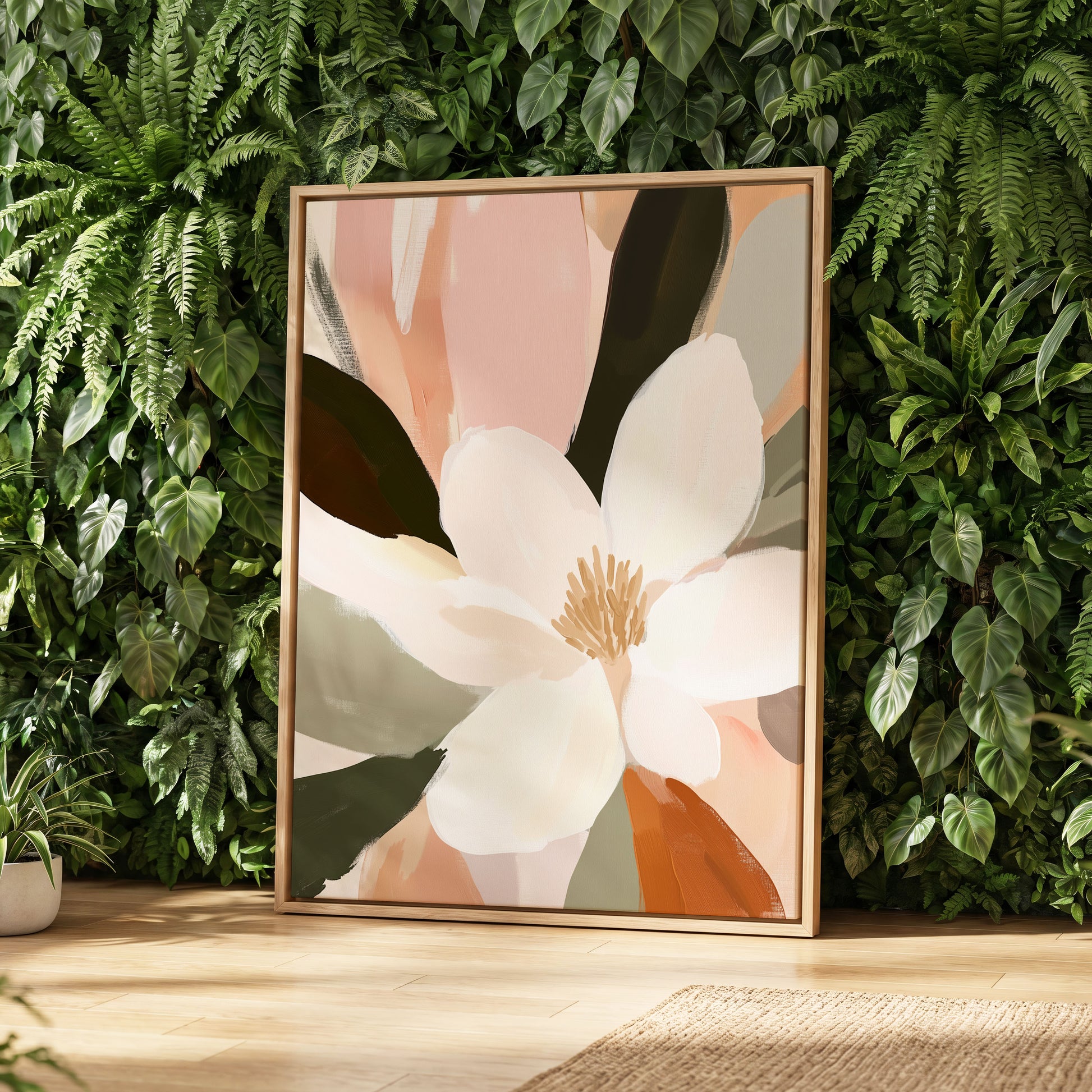 Blush Petal Reverie, white, pink, green floral wall art displayed in a styled interior, gallery view 8
